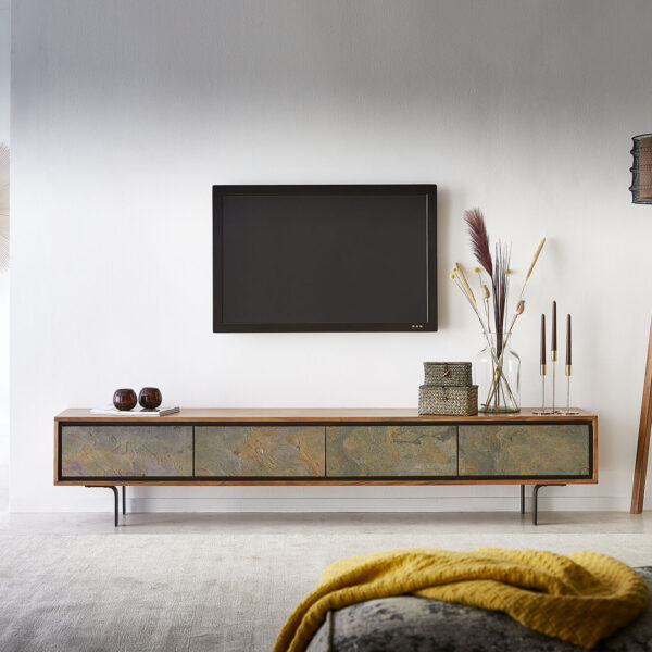 TV stolek Juwelo 200 cm Akácie přírodní s kamennou dýhou 4 dveře