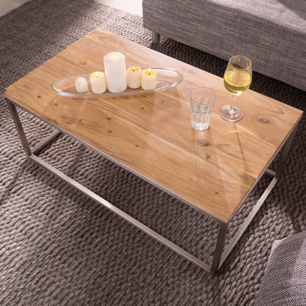 Konferenční stolek Tatius 100×57 cm přírodní akácie podnož nerezová ocel