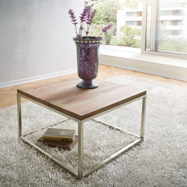 Konferenční stolek Tatius 60×60 cm přírodní sheesham nerezová ocel