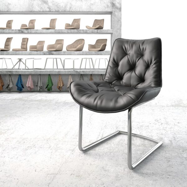 Jídelní židle Taimi-Flex Černá Pravá Kůže Cantilever Chair Round Chrome-plated
