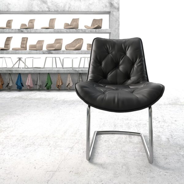 Jídelní židle Taimi-Flex Černá Pravá Kůže Cantilever Chair Round Chrome-plated