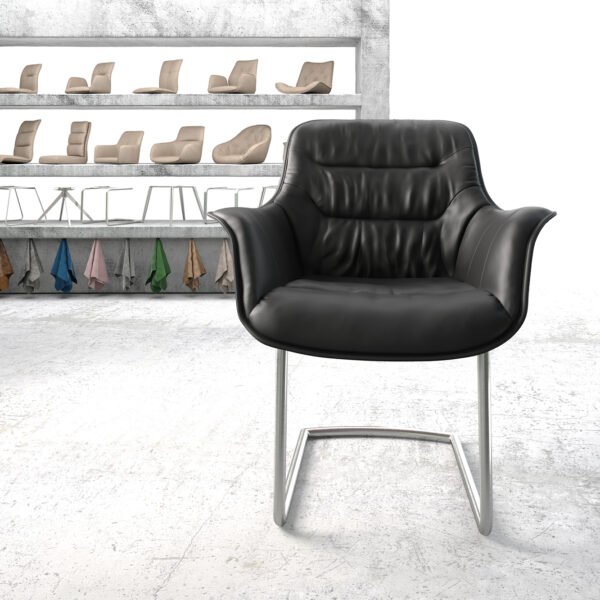 Křeslo Kaira-Flex Černá Pravá Kůže Cantilever Round Nerezová Ocel