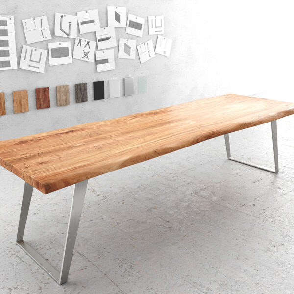 Jídelní stůl Edge 300x100cm XL přírodní akácie nerezová ocel stříbrná šikmá
