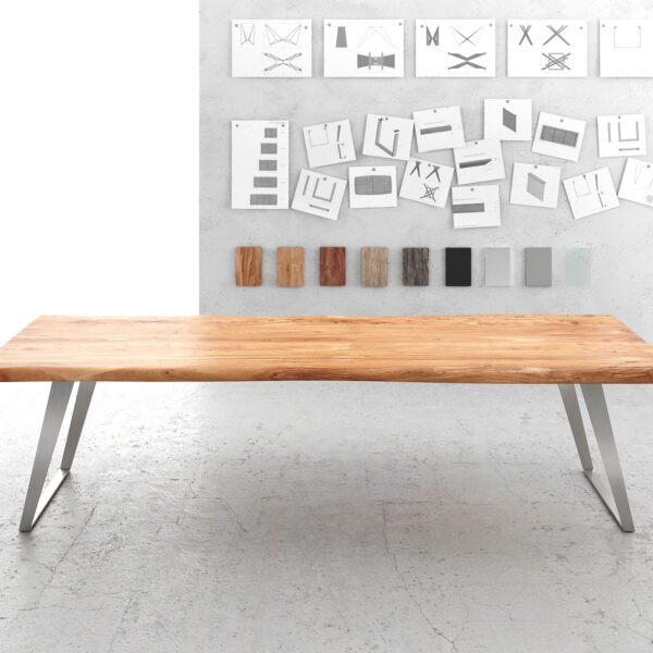 Jídelní stůl Edge 300x100cm XL přírodní akácie nerezová ocel stříbrná šikmá