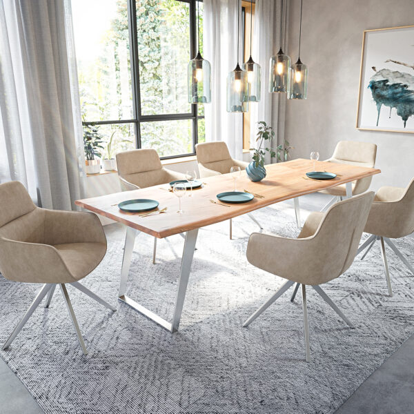 Jídelní stůl Edge 260x100cm přírodní akácie nerezová ocel stříbrná šikmá