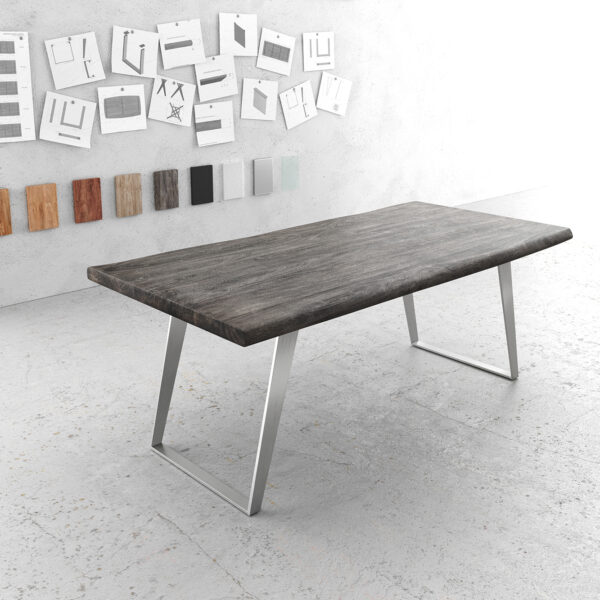 Jídelní stůl Edge 200x100cm XL platinová akácie nerezová ocel stříbrná šikmá