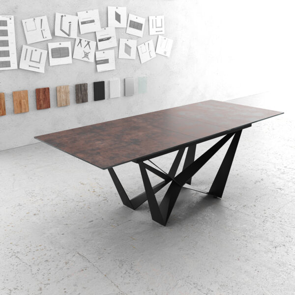 Jídelní stůl Edge 180/220×90 cm sklo hnědé vintage podnož kovová plochá černá rozkládací