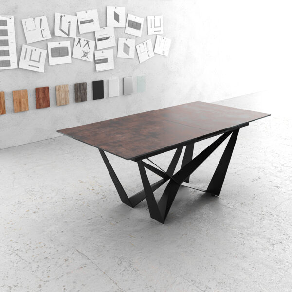 Jídelní stůl Edge 180/220×90 cm sklo hnědé vintage podnož kovová plochá černá rozkládací