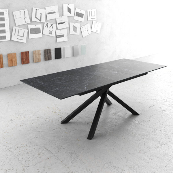 Jídelní stůl Edge 180-220x90cm Laminam® keramika šedá rozkládací křížová podnož černá