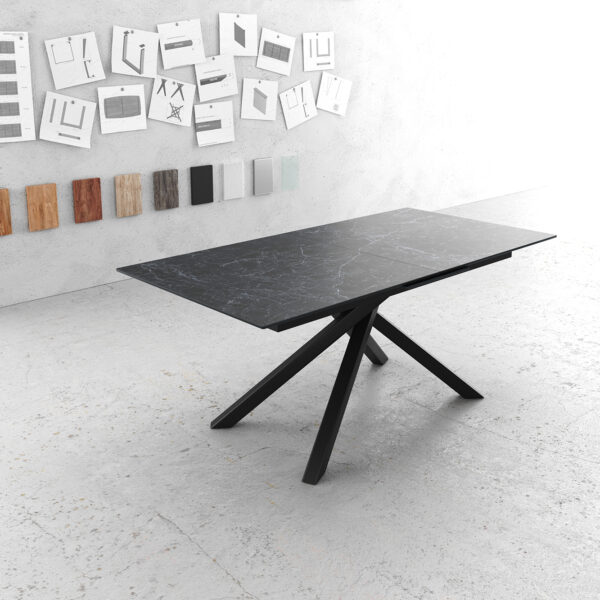 Jídelní stůl Edge 180-220x90cm Laminam® keramika šedá rozkládací křížová podnož černá