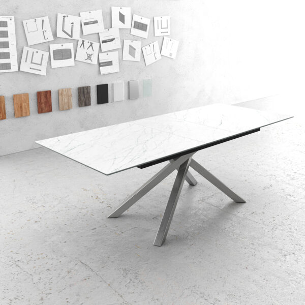Jídelní stůl Edge 180-220x90cm Laminam® keramika bílá rozkládací křížová podnož stříbrná