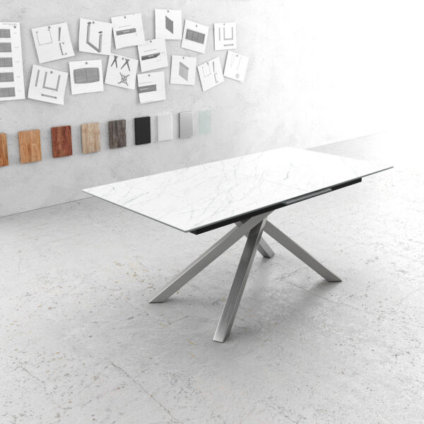 Jídelní stůl Edge 180-220x90cm Laminam® keramika bílá rozkládací křížová podnož stříbrná