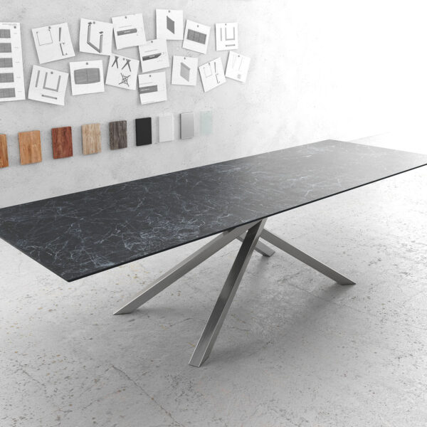 Jídelní stůl Edge 300x100cm Laminam® keramika šedá křížová podnož stříbrná