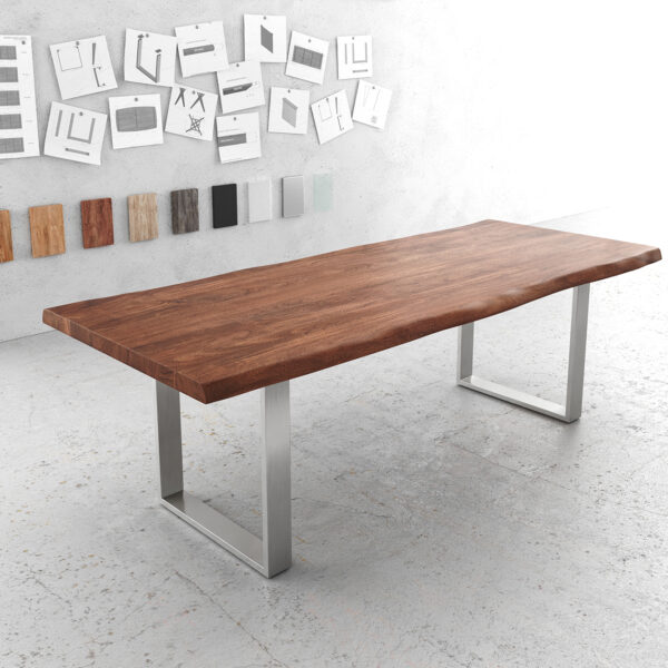 Jídelní stůl Edge 240x100cm XL hnědá akácie nerezová ocel úzká