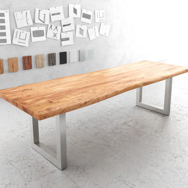 Jídelní stůl 280x100cm XL Akácie Přírodní Nerezová ocel Široká nepravidelná hrana
