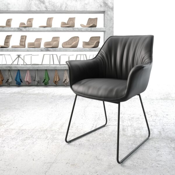 Jídelní židle Keila-Flex s područkami Pravá kůže Černá Sklouzavý rám Černý