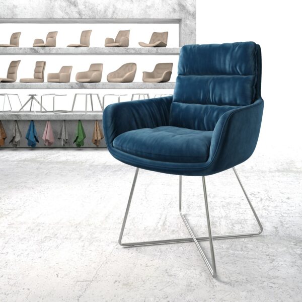 Jídelní židle Abelia-Flex s područkami Samet Modrá X-rám nerezová ocel