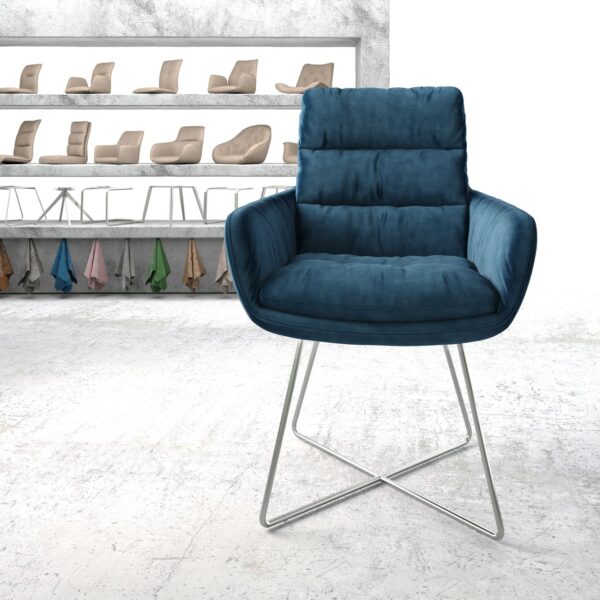 Jídelní židle Abelia-Flex s područkami Samet Modrá X-rám nerezová ocel