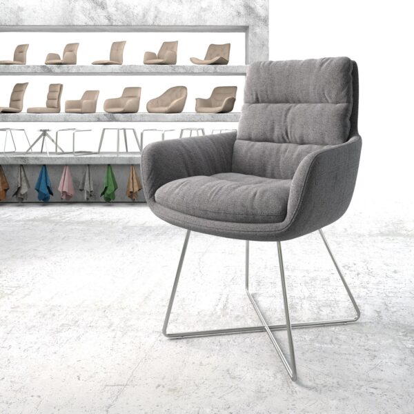 Jídelní židle Abelia-Flex s područkou texturovaná tkanina světle šedá podnož ve tvaru “X” nerezová ocel