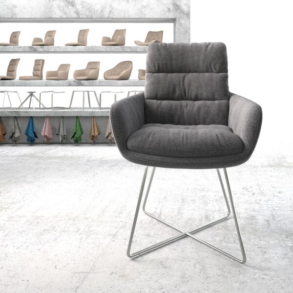 Jídelní židle Abelia-Flex s područkou texturovaná tkanina světle šedá podnož ve tvaru “X” nerezová ocel
