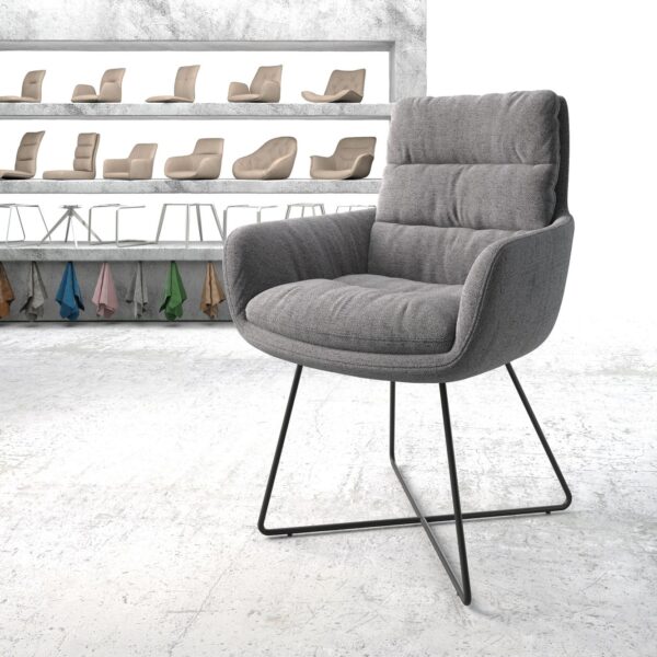 Jídelní židle Abelia-Flex s područkami Texturovaná tkanina Světle Šedá X-rám Černá