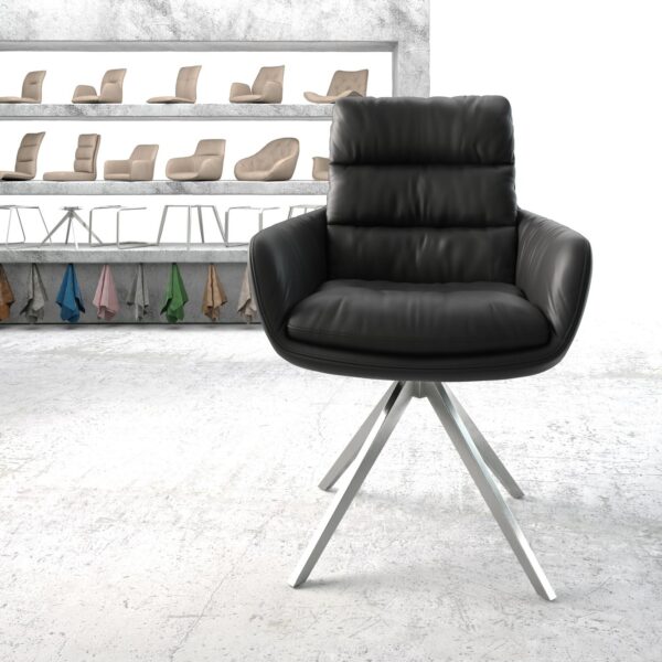 Otočná židle Abelia-Flex s područkami Pravá kůže Černá Křížová základna lemovaná nerezovou ocelí
