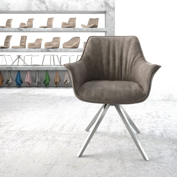 Otočná židle Keila-Flex s područkami Taupe Vintage Křížový rám lemovaný nerezovou ocelí