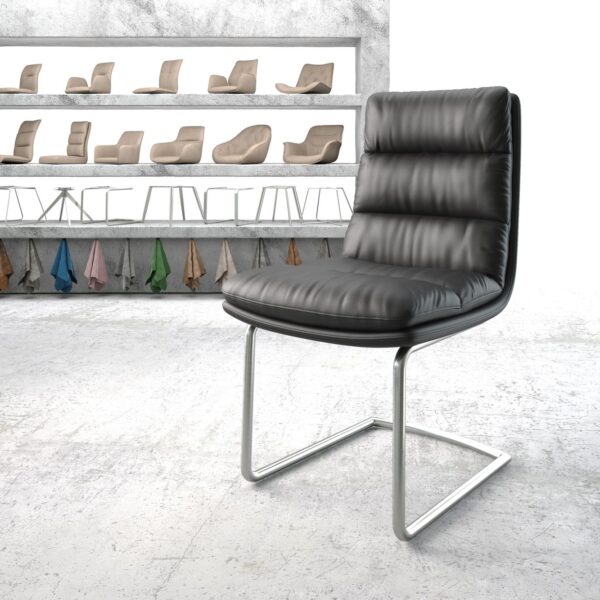 Jídelní židle Abelia-FlexPravá Kůže Černá Cantilever Round Nerezová Ocel
