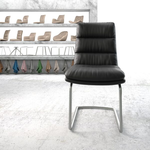 Jídelní židle Abelia-FlexPravá Kůže Černá Cantilever Round Nerezová Ocel