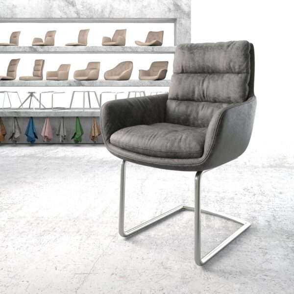 Jídelní židle Abelia-Flex s područkami Šedá Vintage Cantilever Round z nerezové oceli