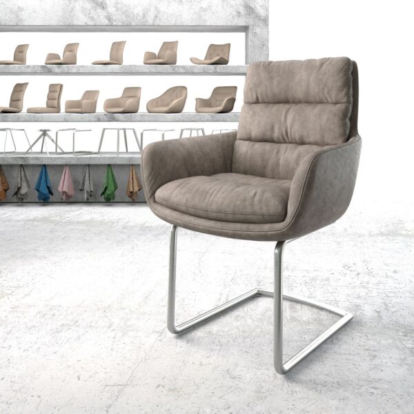 Jídelní židle Abelia-Flex s područkami Taupe Vintage Cantilever Round z nerezové oceli