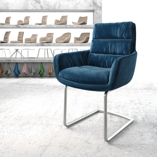 Jídelní židle Abelia-Flex s područkami Samet Modrá Cantilever Round z nerezové oceli
