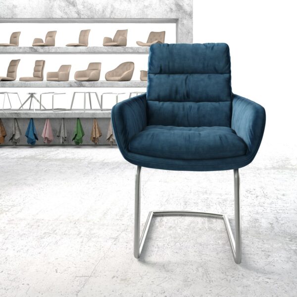 Jídelní židle Abelia-Flex s područkami Samet Modrá Cantilever Round z nerezové oceli