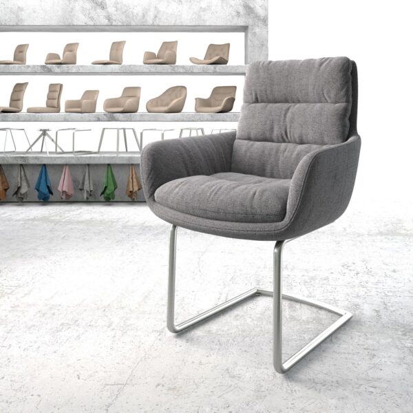 Jídelní židle Abelia-Flex s područkami Texturovaná tkanina Světle Šedá Konzola Kulatá nerezová ocel