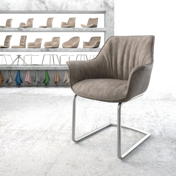 Jídelní židle Keila-Flex s područkami Taupe Vintage Cantilever Round z nerezové oceli