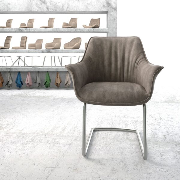 Jídelní židle Keila-Flex s područkami Taupe Vintage Cantilever Round z nerezové oceli