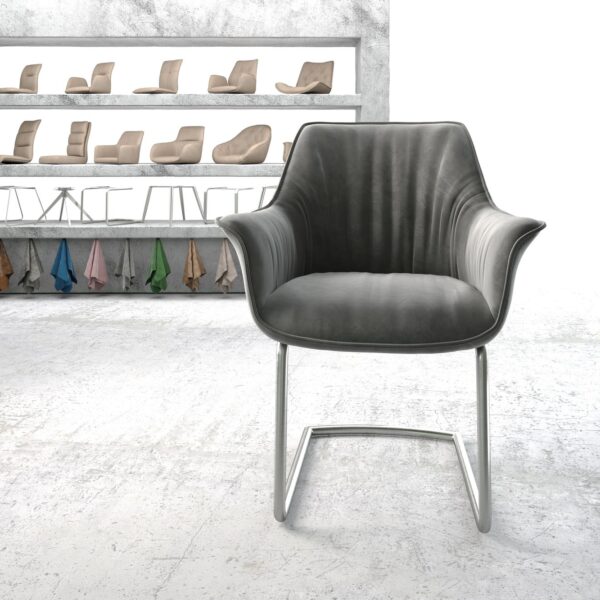 Jídelní židle Keila-Flex s područkami Samet Šedá Cantilever Round z nerezové oceli