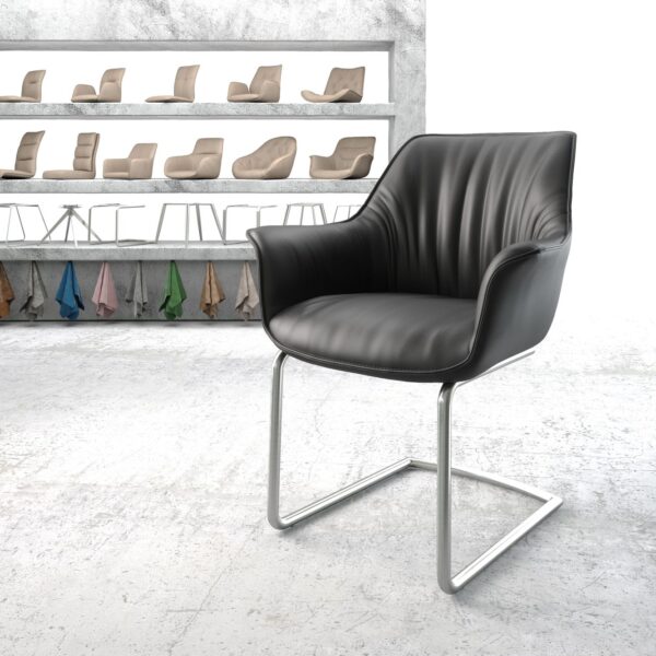 Jídelní židle Keila-Flex s područkami Pravá kůže Černá Cantilever Round Nerezová Ocel