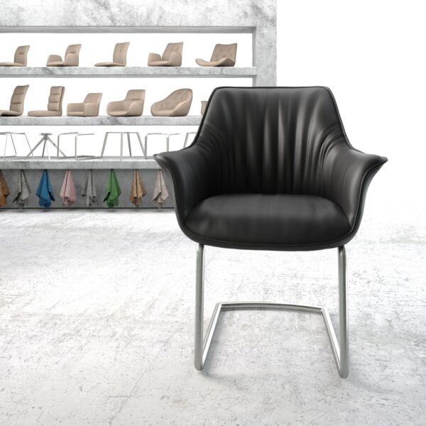 Jídelní židle Keila-Flex s područkami Pravá kůže Černá Cantilever Round Nerezová Ocel