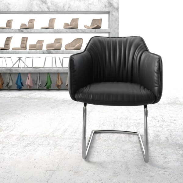 Jídelní židle Elda-Flex s područkami Pravá kůže Černá kulatá konzola chromovaná
