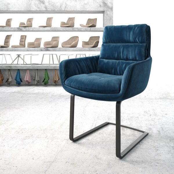 Jídelní židle Abelia-Flex s područkou samet modrá konzolová podnož plochá černá