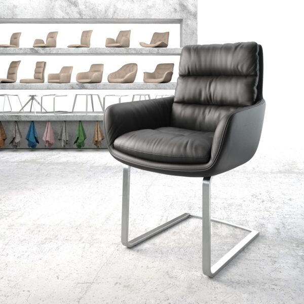 Jídelní židle Abelia-Flex s područkami Pravá kůže Černá konzolová plochá nerezová ocel