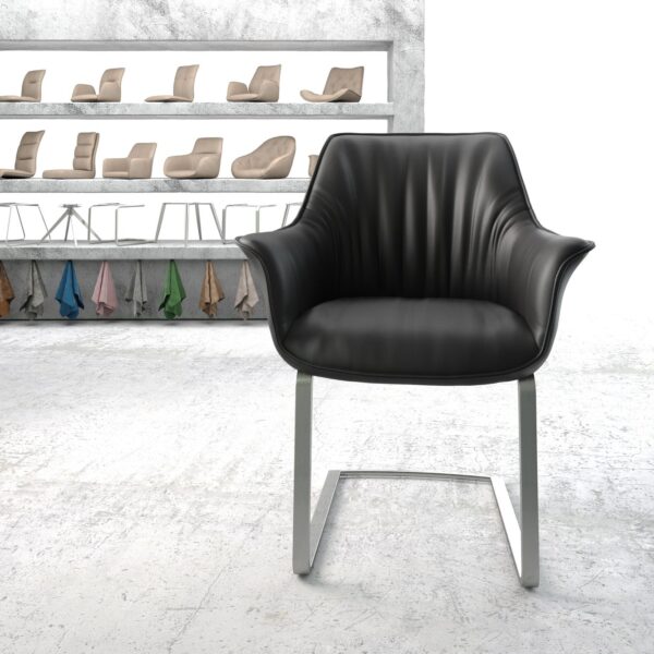 Jídelní židle Keila-Flex s područkami Pravá kůže Černá konzolová plochá nerezová ocel