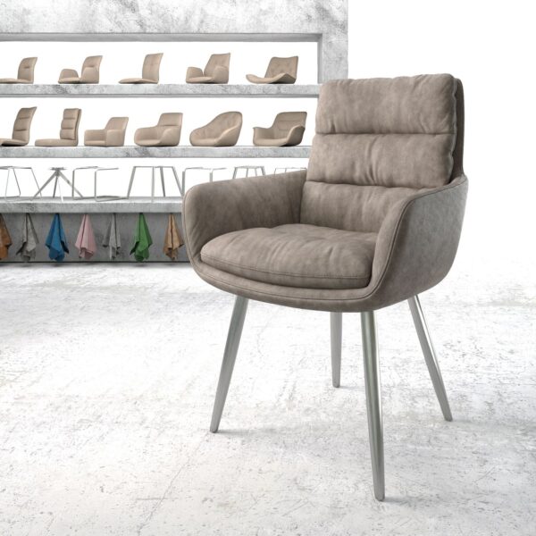 Jídelní židle Abelia-Flex s područkou taupe vintage zaoblená podnož nerezové oceli