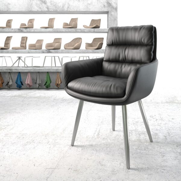 Jídelní židle Abelia-Flex s područkami Pravá kůže Černá 4-nohá kuželová z nerezové oceli
