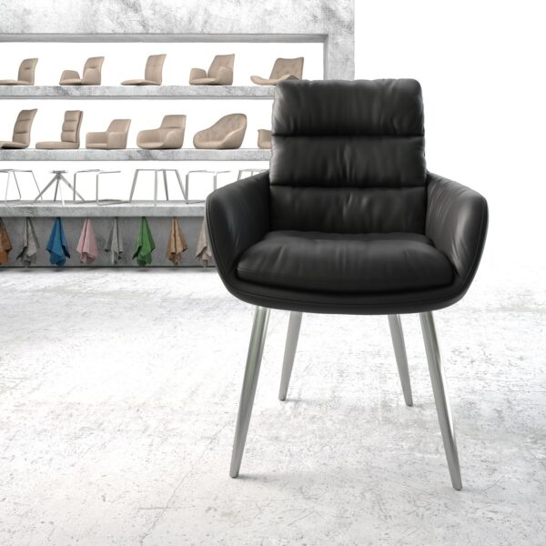 Jídelní židle Abelia-Flex s područkami Pravá kůže Černá 4-nohá kuželová z nerezové oceli