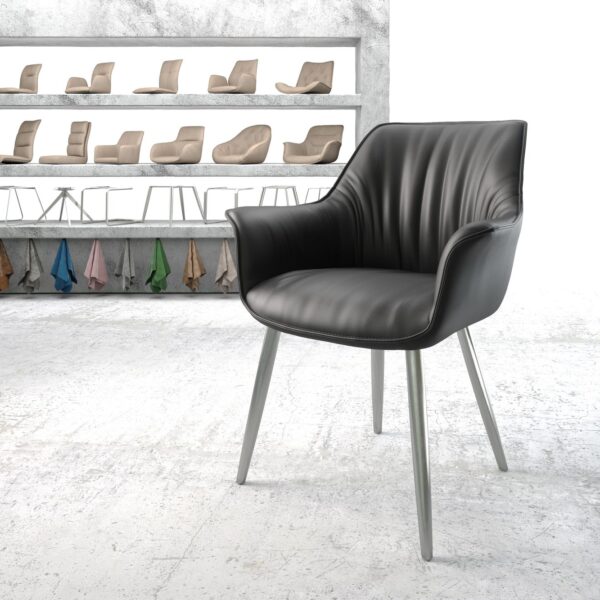 Jídelní židle Keila-Flex s područkou pravá kůže černá zaoblená podnož z nerezové oceli