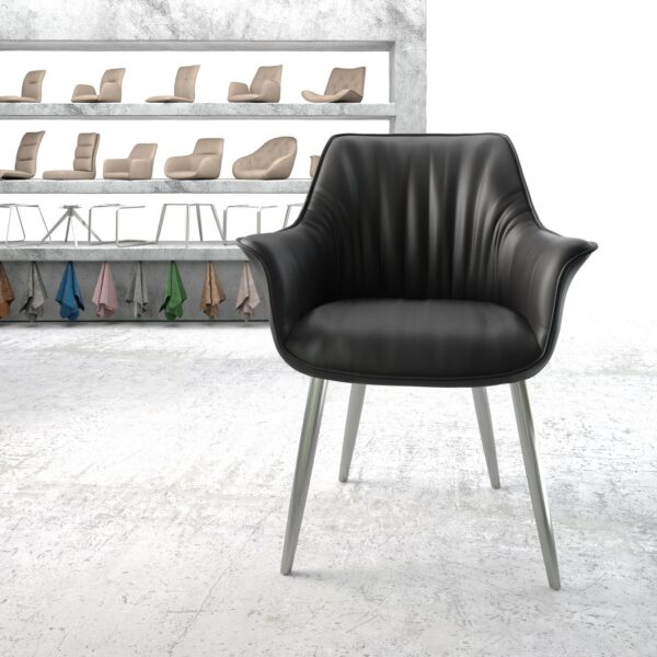 Jídelní židle Keila-Flex s područkou pravá kůže černá zaoblená podnož z nerezové oceli