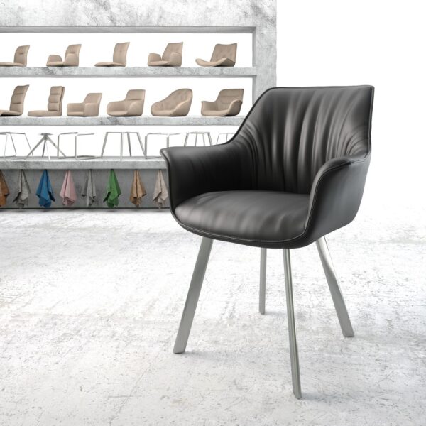 Jídelní židle Keila-Flex s područkami Pravá kůže Černá čtyřnohá oválná nerezová ocel