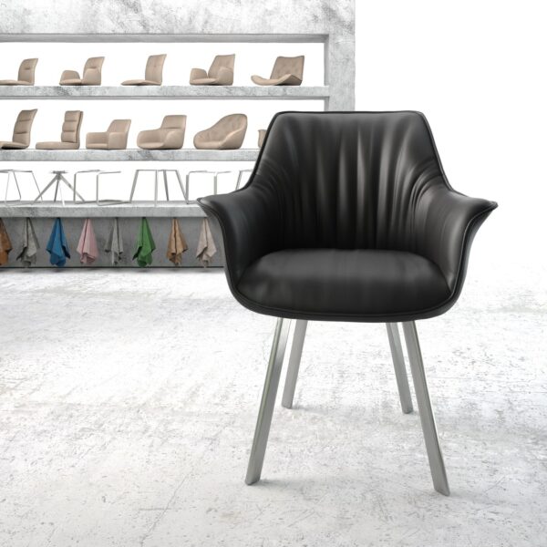 Jídelní židle Keila-Flex s područkami Pravá kůže Černá čtyřnohá oválná nerezová ocel